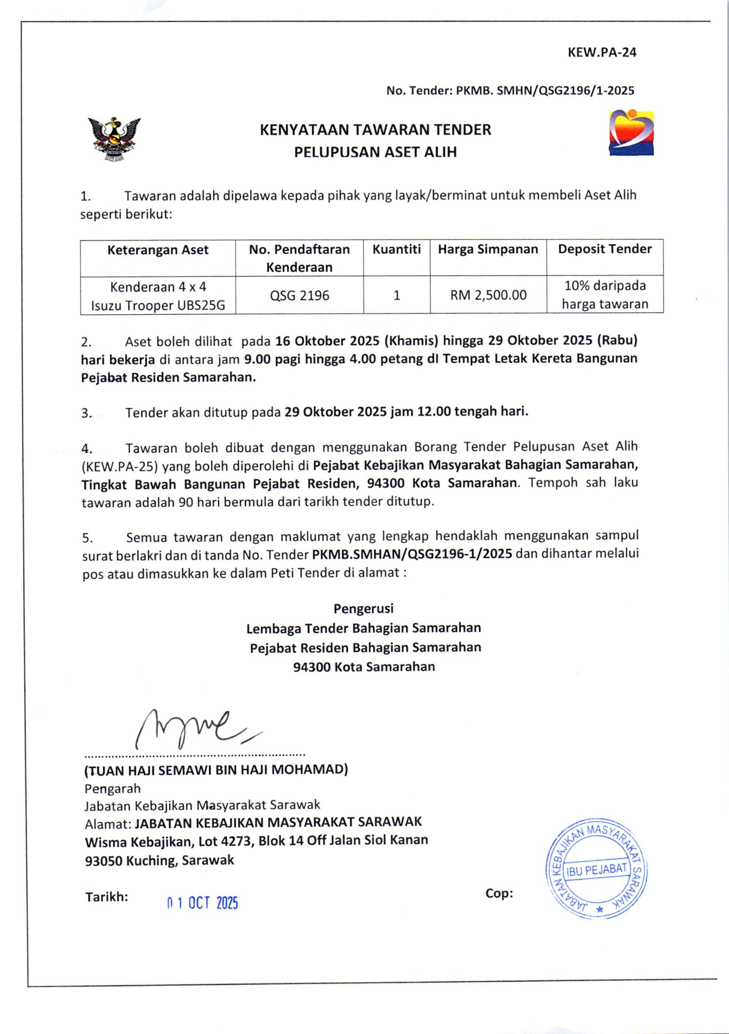 KENYATAAN TAWARAN TENDER PELUPUSAN ASET ALIH