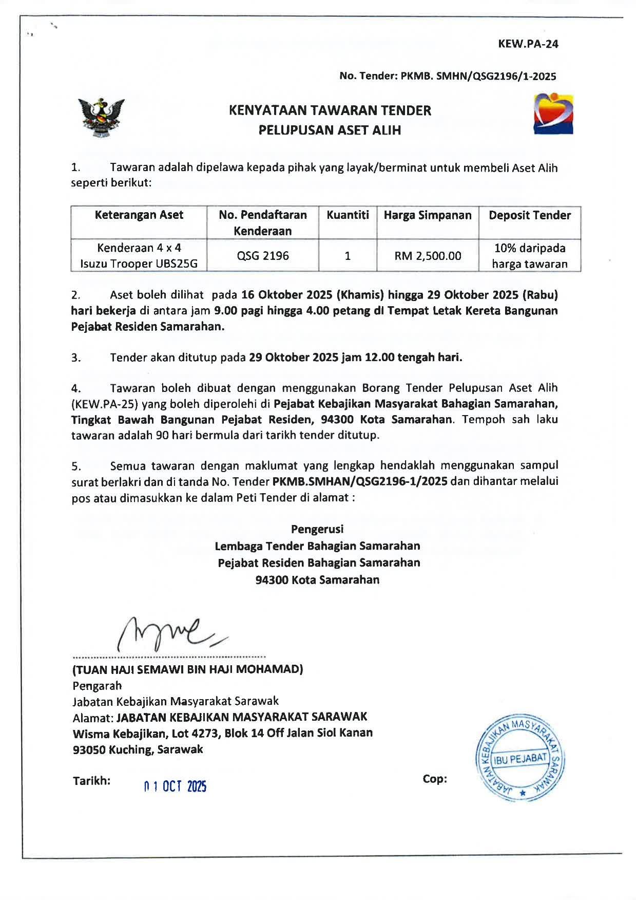 KENYATAAN TAWARAN TENDER PELUPUSAN ASET ALIH